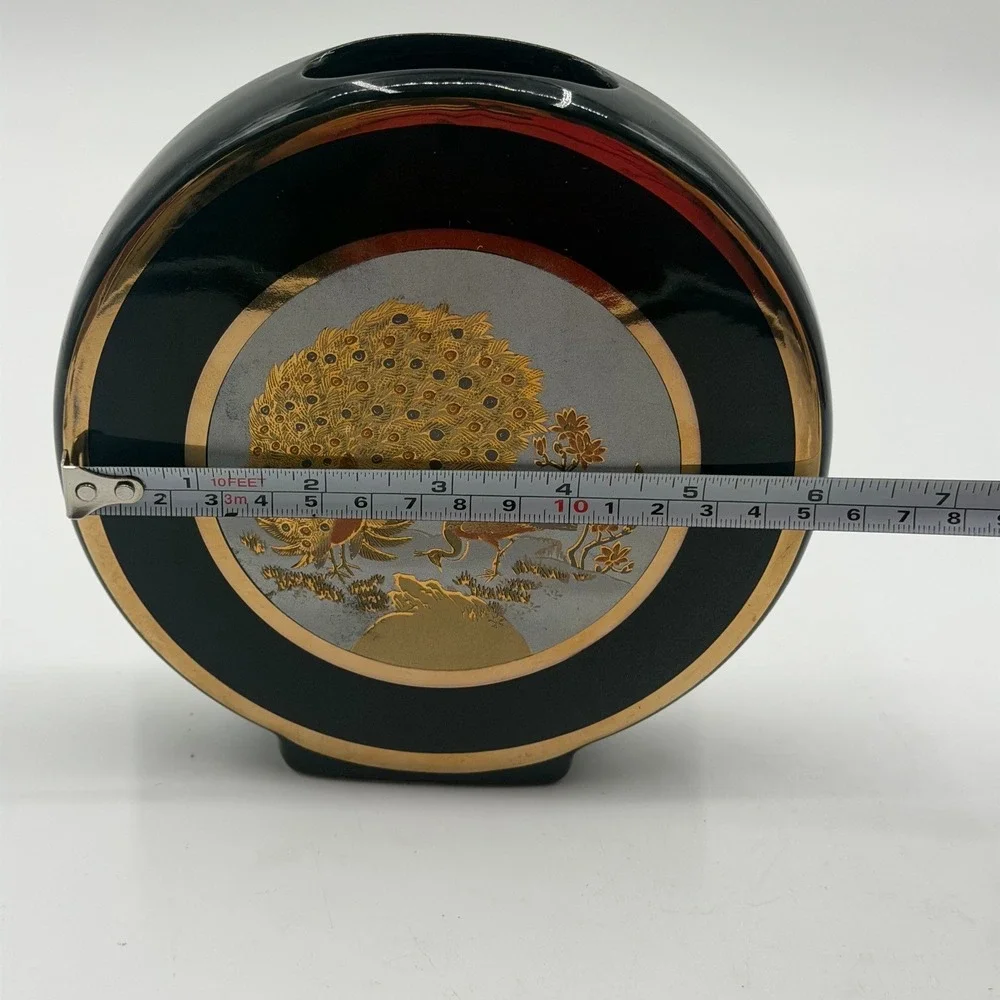 Chokin Art Japan Peacock Bud Vase Black Ceramic 24K Gold Round 6in